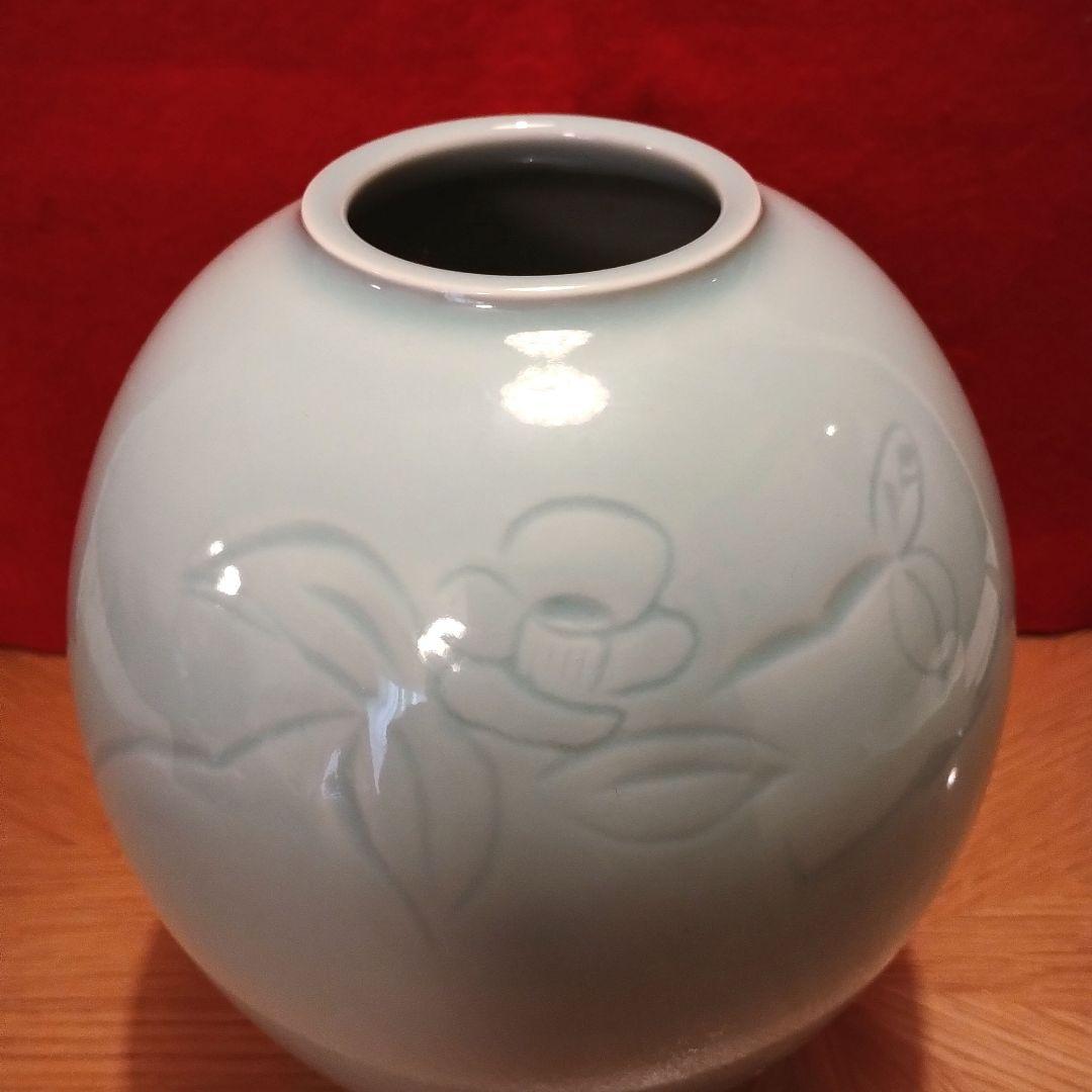 青磁花瓶 花器 華道 茶道 京焼 椿柄 長谷川勇 陶芸作家 桐箱付き