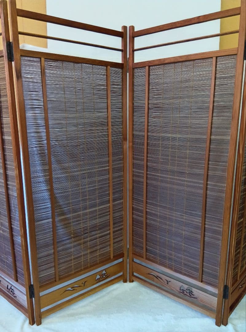 4枚式衝立　パーテーション　簾屏風　古民家　間仕切り　昭和レトロ　年代物　和風