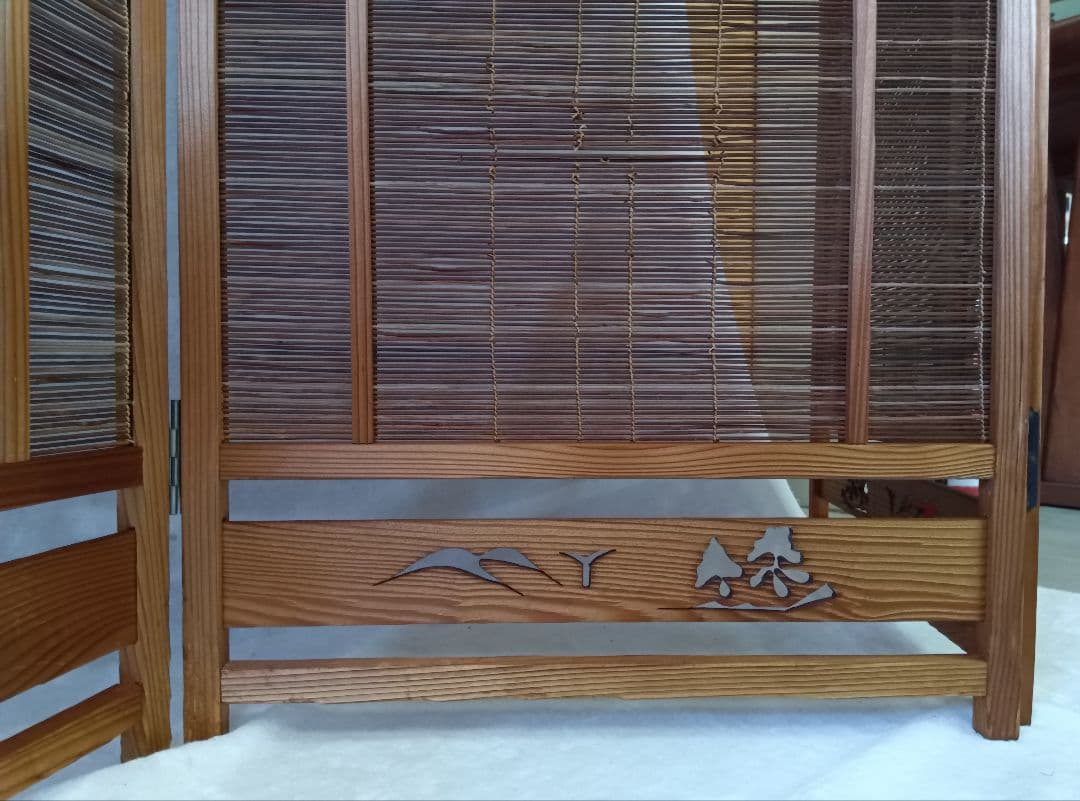 4枚式衝立　パーテーション　簾屏風　古民家　間仕切り　昭和レトロ　年代物　和風