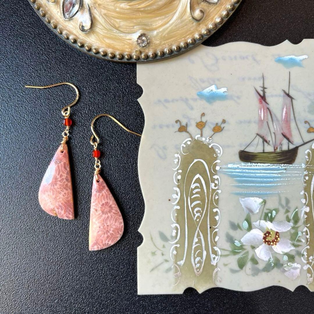 《1点限定》ピンクフォッシルコーラル＆カーネリアン＊ピアスorイヤリング