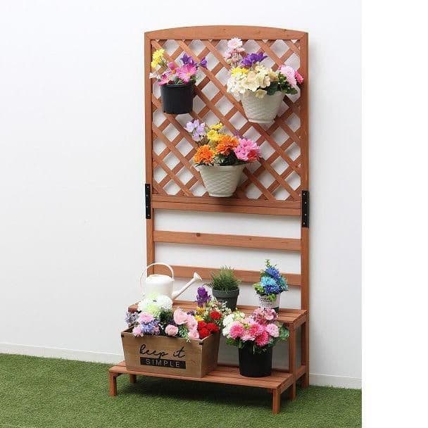 〇２個セット 木製ラティスフェンス付きフラワースタンド 2段ブラウン