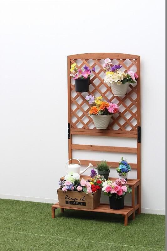 〇２個セット 木製ラティスフェンス付きフラワースタンド 2段ブラウン
