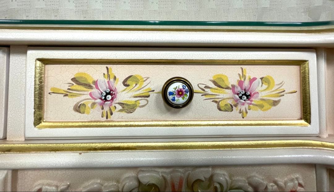 ロココ調 姫家具 花柄 ガラスキャビネット 薄ピンクベージュ 美品