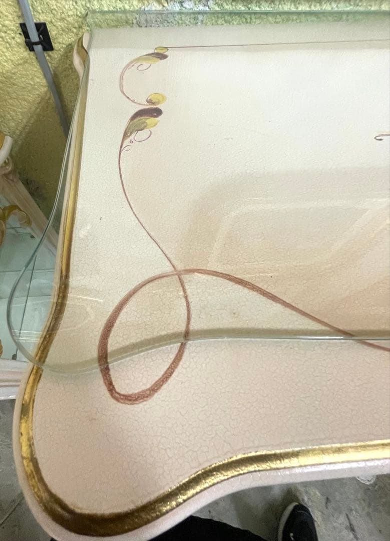 ロココ調 姫家具 花柄 ガラスキャビネット 薄ピンクベージュ 美品