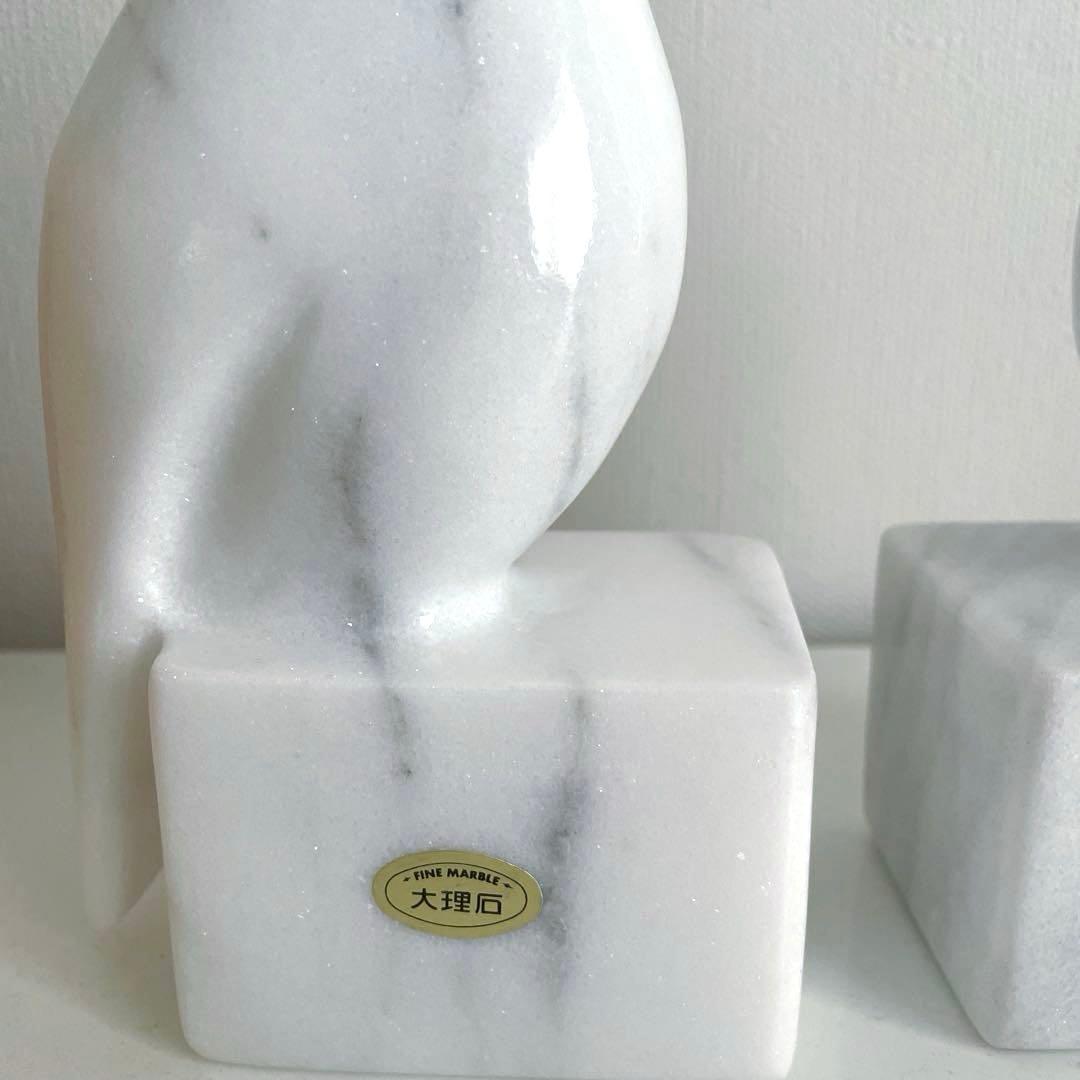 【新品】手彫 高級 大理石 フクロウ ミミズク ブックエンド 2体セット 縁起物