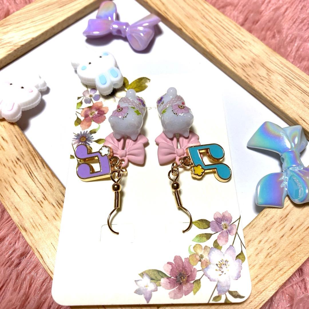 ☆リボンとSpringボタニカル風猫ちゃんピアス☆