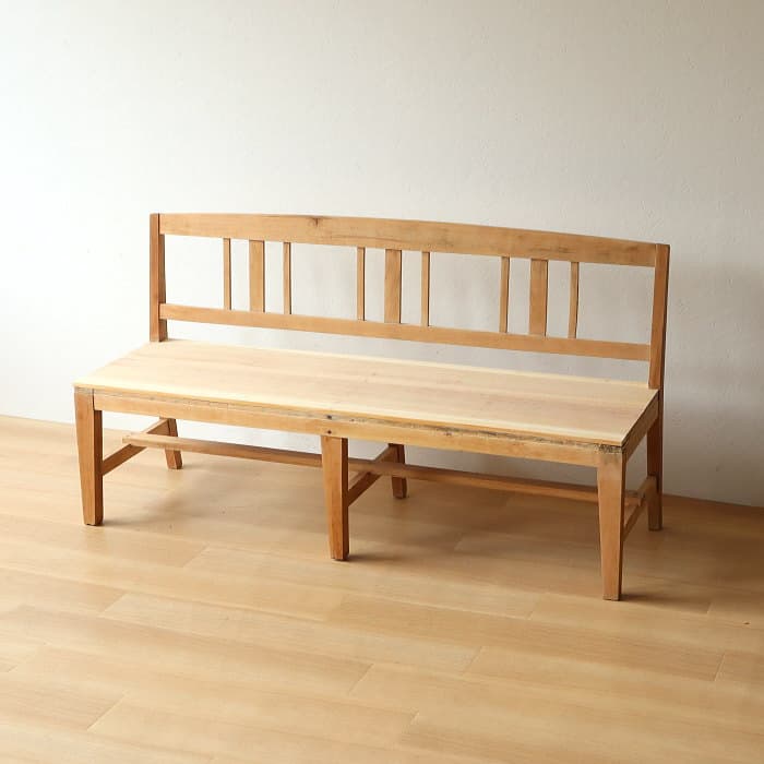 アンティーク 無垢材 背付きベンチ 古家具 無塗装 長椅子 木製