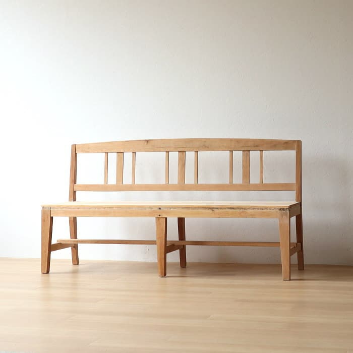 アンティーク 無垢材 背付きベンチ 古家具 無塗装 長椅子 木製