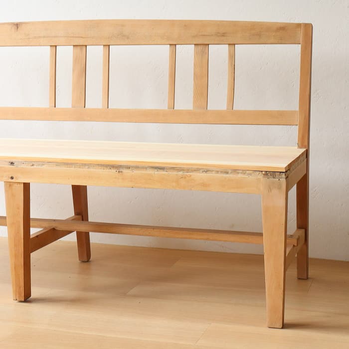 アンティーク 無垢材 背付きベンチ 古家具 無塗装 長椅子 木製