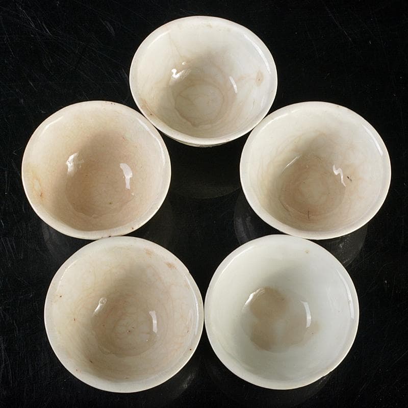 白高麗　徳化窯　陽刻　桜閣山水文　煎茶碗　五客　仕覆・時代箱付　G　R5270