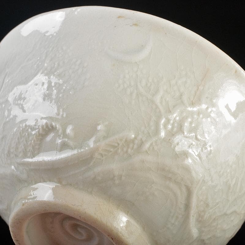 白高麗　徳化窯　陽刻　桜閣山水文　煎茶碗　五客　仕覆・時代箱付　G　R5270