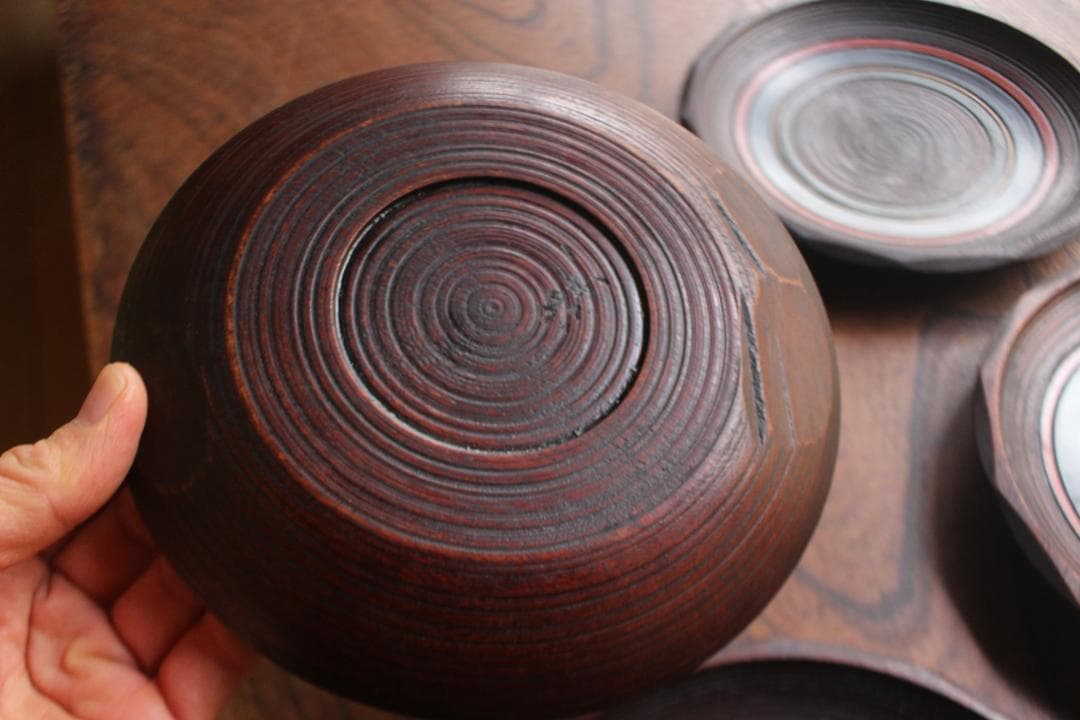 村瀬治兵衛作！極上刳り貫き地に風情ある独楽塗の美しいお皿5点（検京塗銘々皿菓子皿