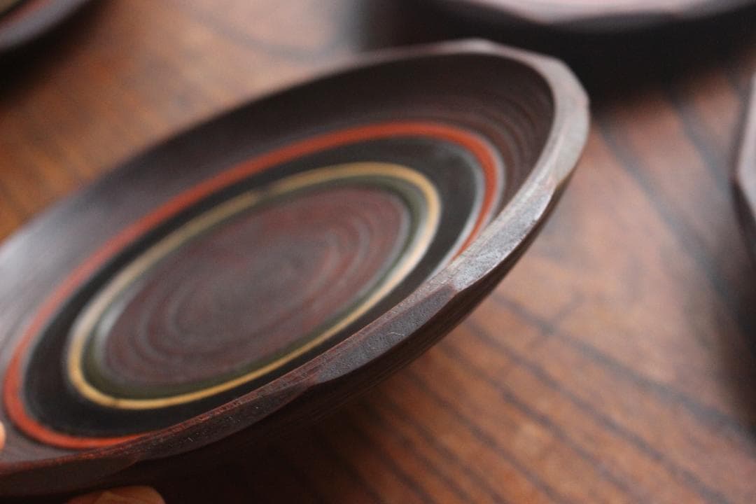 村瀬治兵衛作！極上刳り貫き地に風情ある独楽塗の美しいお皿5点（検京塗銘々皿菓子皿