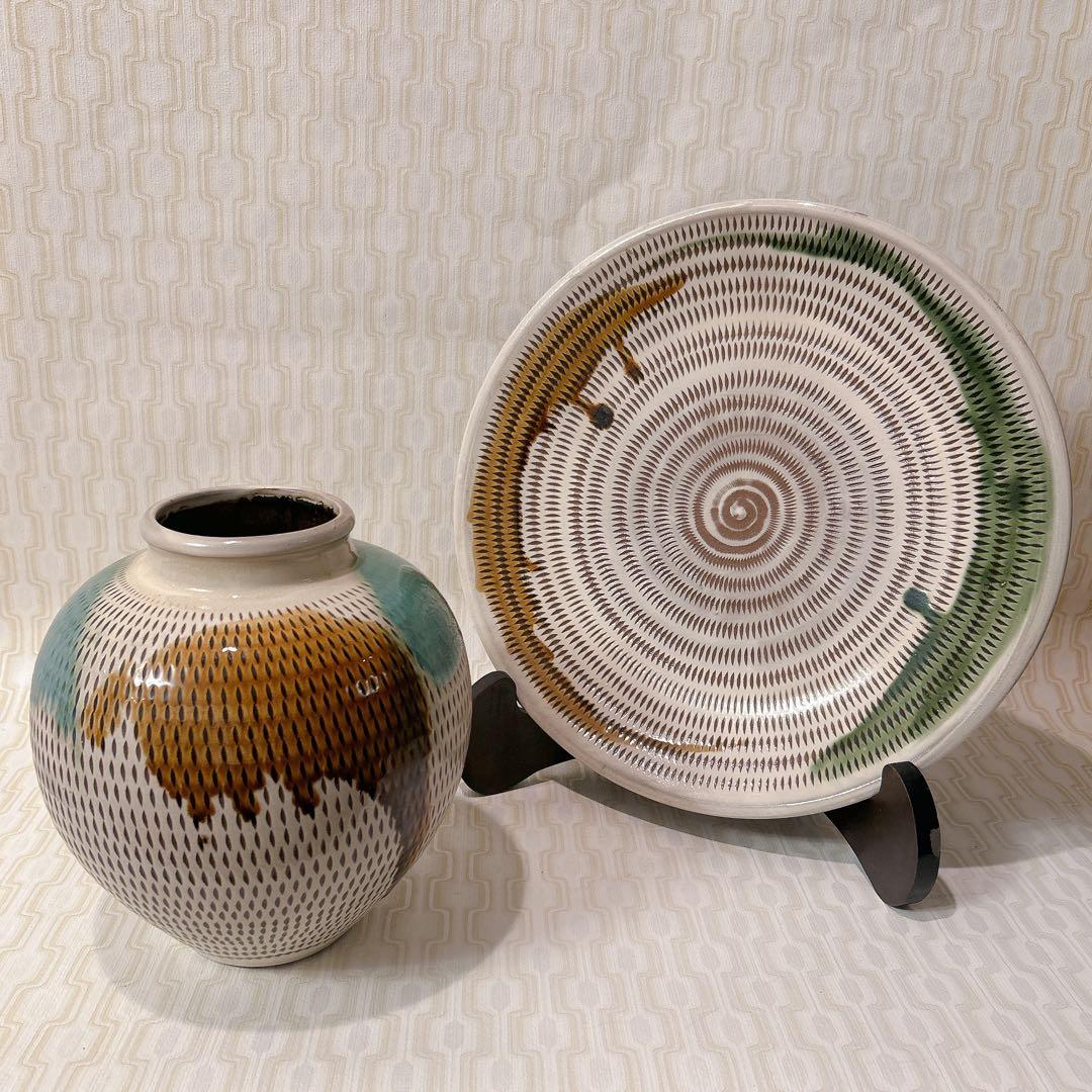 美品 セット 小石原焼き 大皿 美品 飾り台付き 壺 花瓶