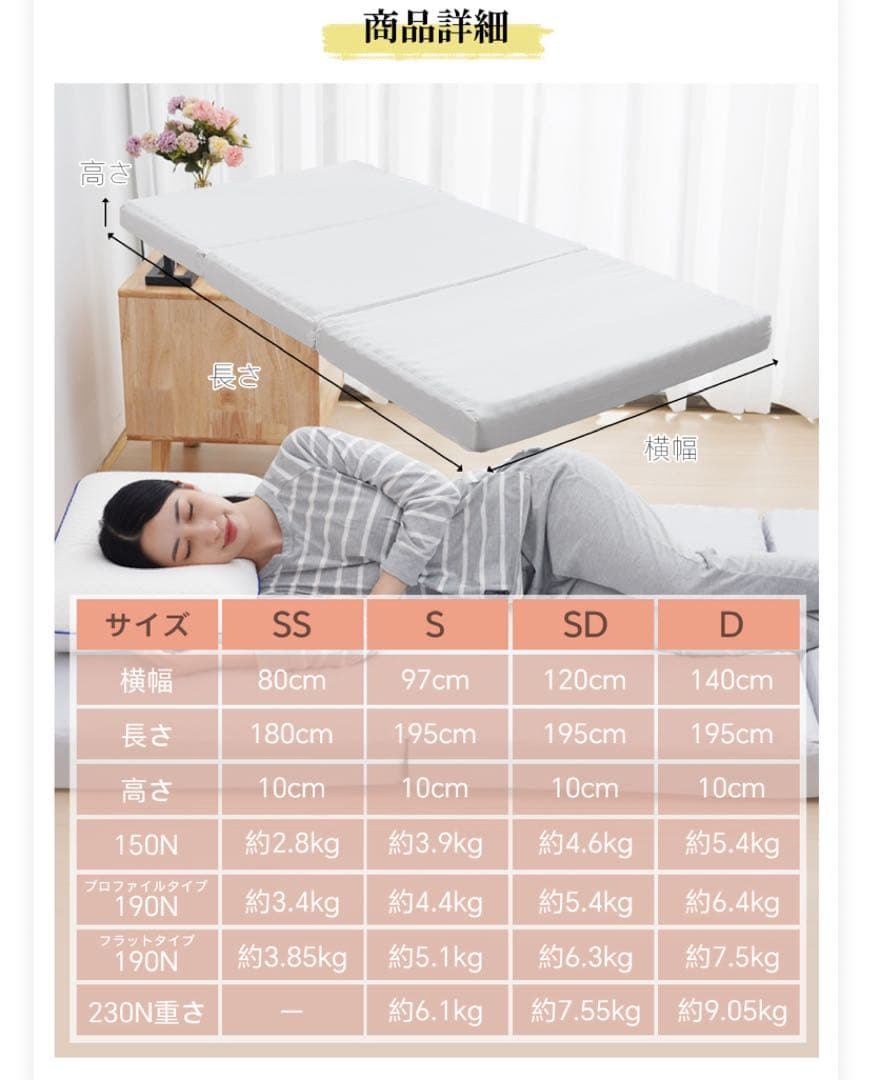 高反発マットレス ダブル　グレー プロファイルタイプ　厚さ10cm 三つ折り