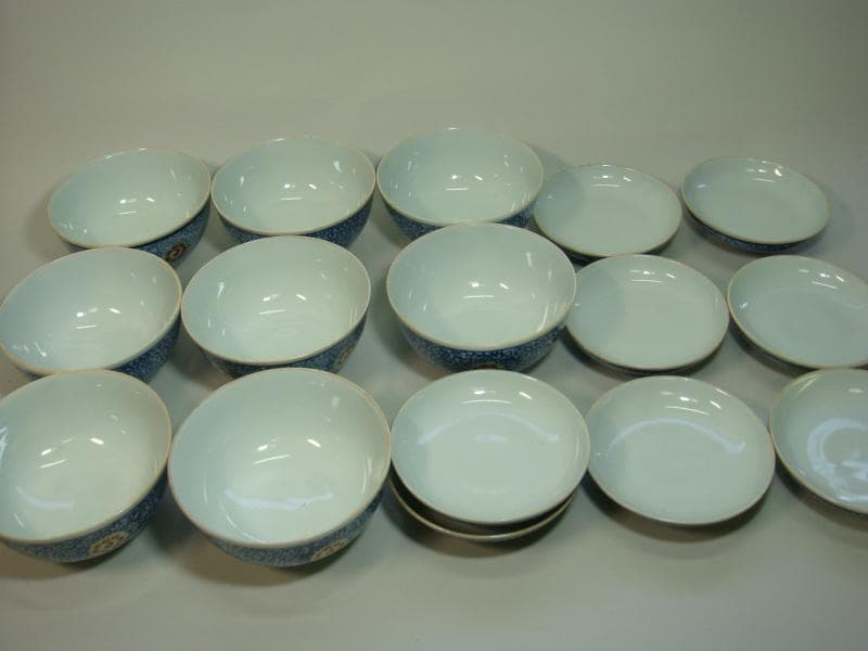 蓋茶碗■古九谷 染付 赤花唐草紋 8客 新田 蓋物 蓋鉢 時代物 骨董品■①