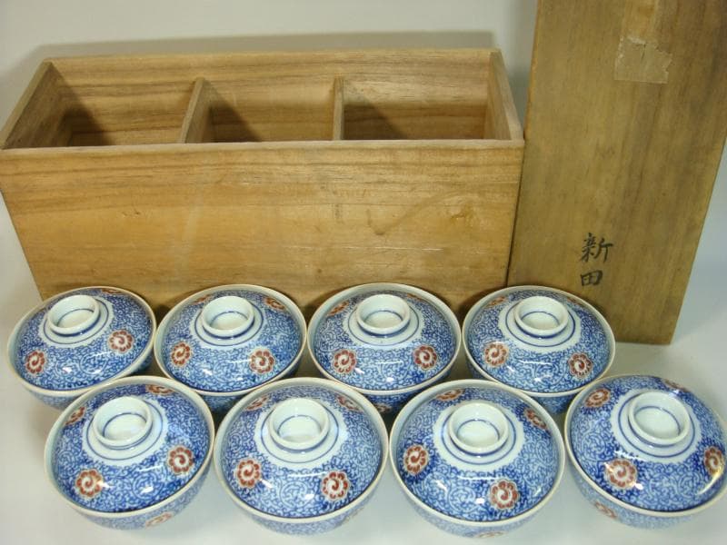 蓋茶碗■古九谷 染付 赤花唐草紋 8客 新田 蓋物 蓋鉢 時代物 骨董品■①