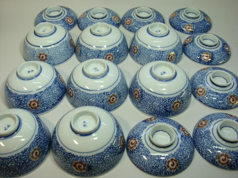 蓋茶碗■古九谷 染付 赤花唐草紋 8客 新田 蓋物 蓋鉢 時代物 骨董品■①