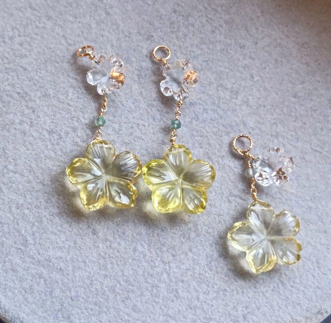 14kgfレモンクォーツ ピアスチャーム&ネックレスチャーム