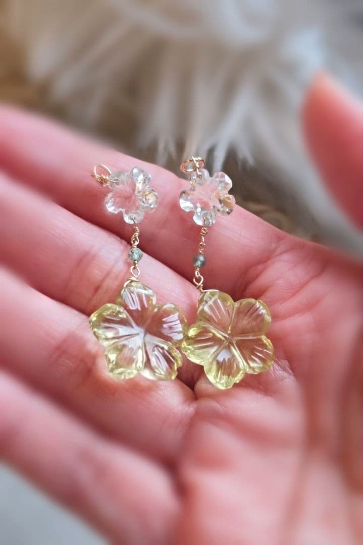 14kgfレモンクォーツ ピアスチャーム&ネックレスチャーム