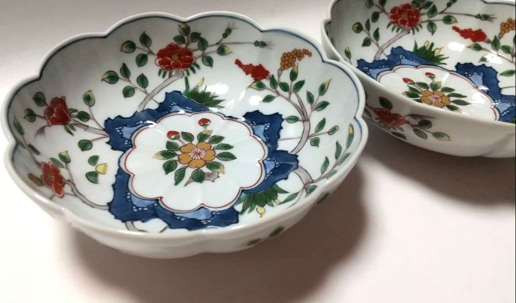 源右衛門窯 染錦 草花文 向付 鉢 2客組 未使用品