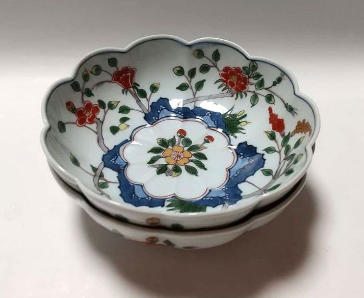 源右衛門窯 染錦 草花文 向付 鉢 2客組 未使用品