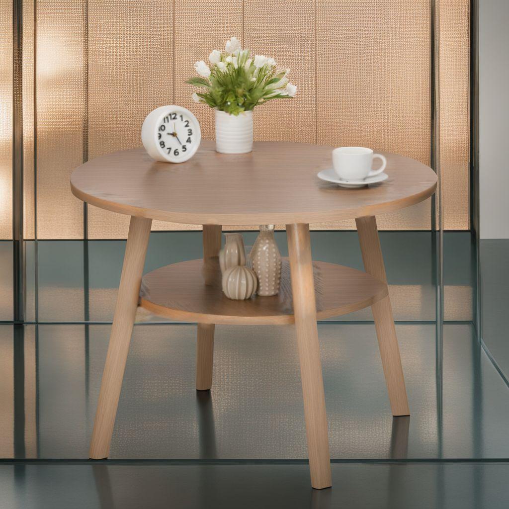 多機能天然木センターテーブル和風丸型ローテーブル棚付