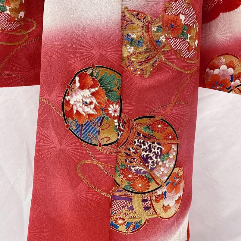 501ag31◎七五三 七歳 女児 着物&丸帯 小紋柄 部分絞り染め 鼓◎美品