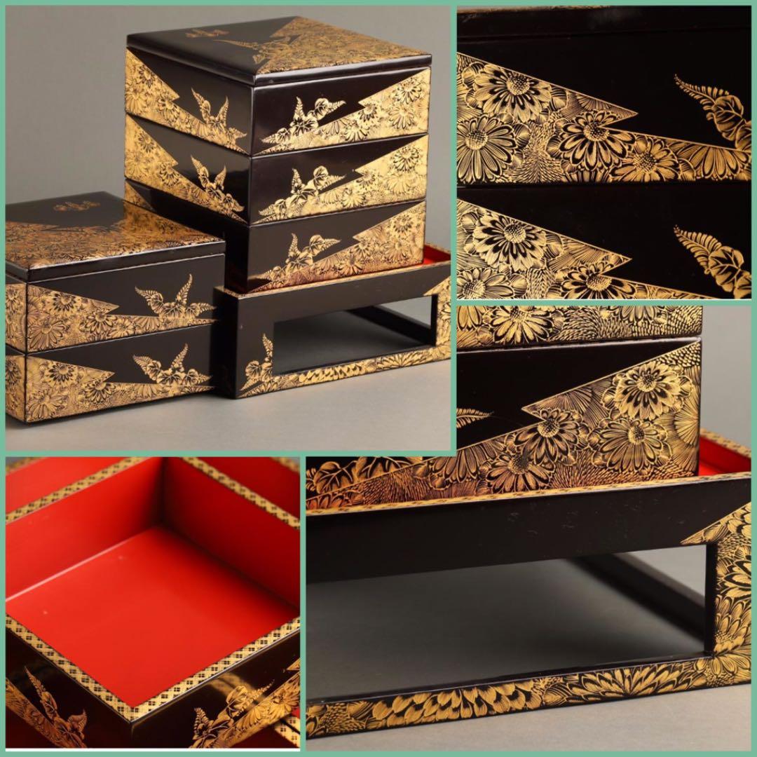 特別出品】木製輪島塗 沈金 菊に桐紋様 片身代わり台付 5段重 - メルカリ