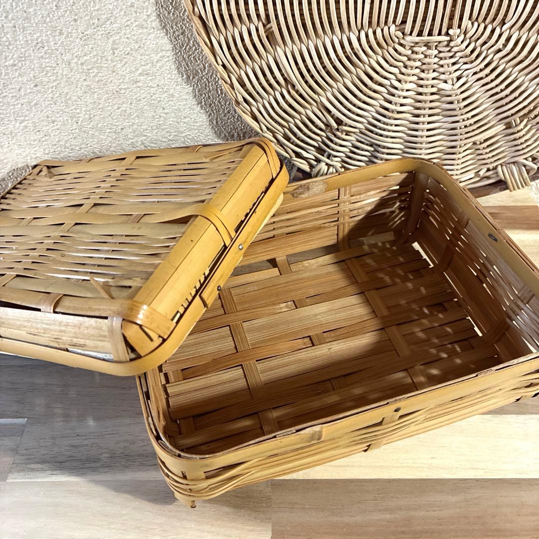 竹　御用カゴ　市場カゴ　ピクニックバスケ& お弁当箱　2点セット売り