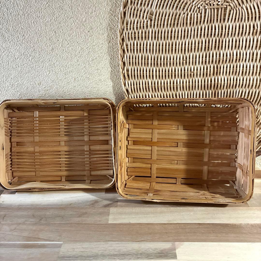 竹　御用カゴ　市場カゴ　ピクニックバスケ& お弁当箱　2点セット売り
