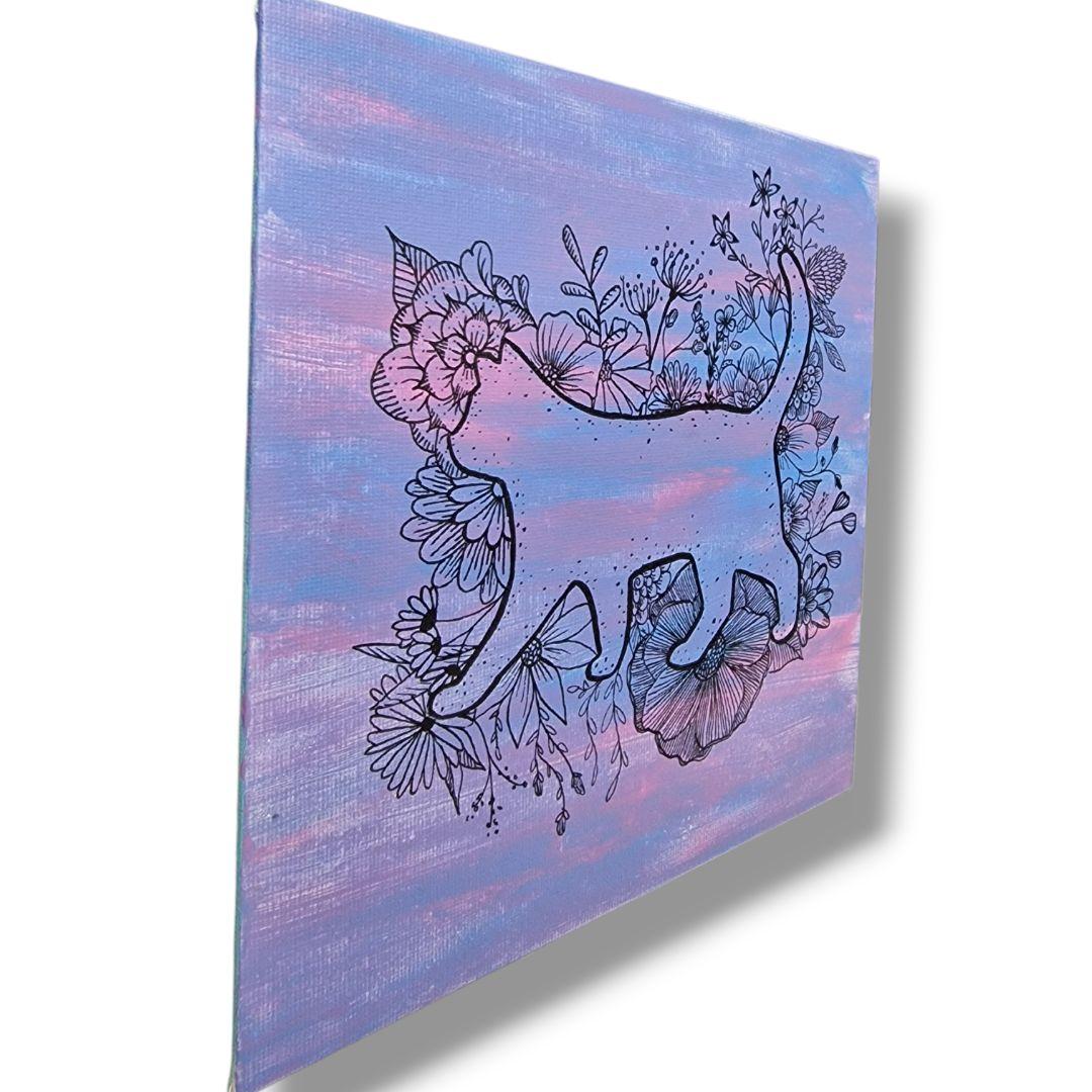 猫 花 アクリル画 原画 フローラル 動物 北欧 インテリア - メルカリ