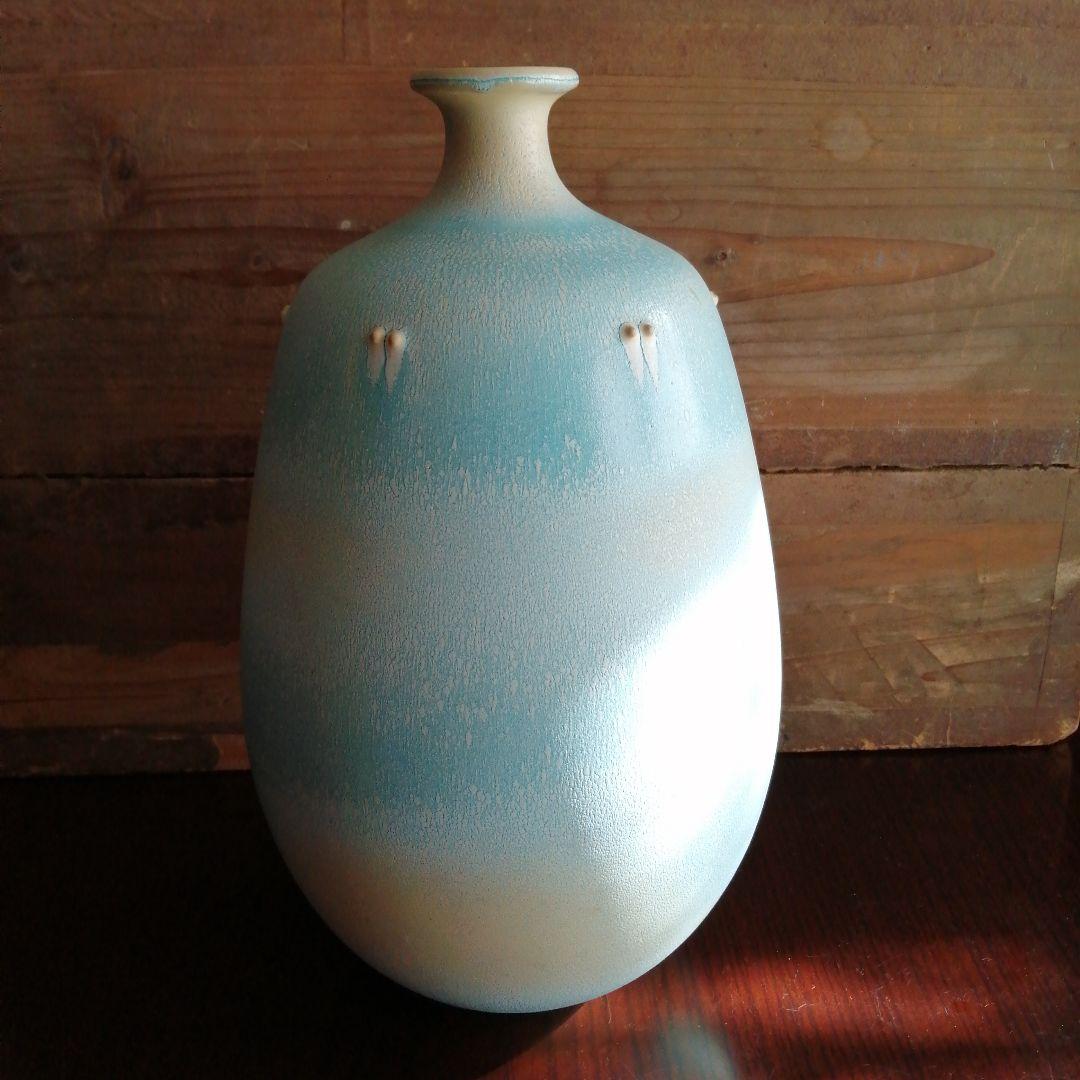 京焼　天野達夫　窯変蒼釉花瓶　28.5cm