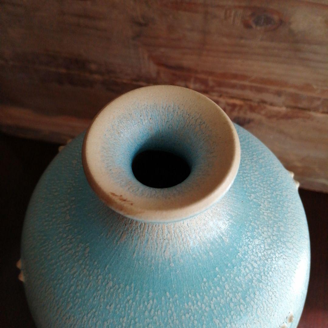 京焼　天野達夫　窯変蒼釉花瓶　28.5cm