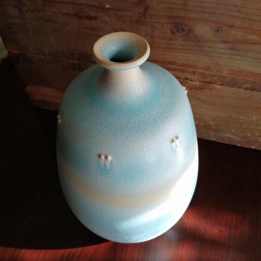京焼　天野達夫　窯変蒼釉花瓶　28.5cm