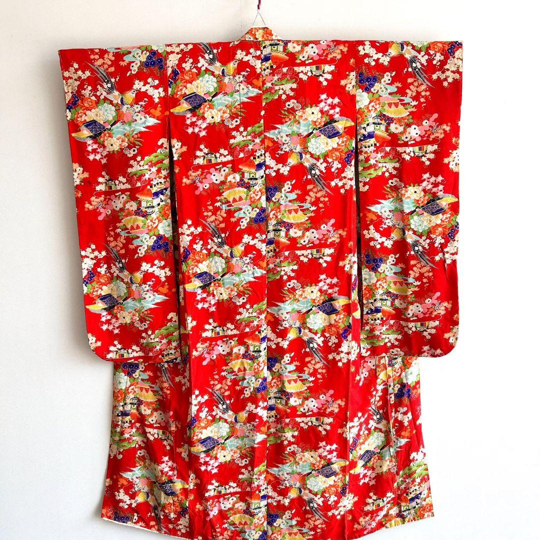 七五三　７歳フルセット　アンティーク　長着＆帯＆長襦袢＆草履＆小物セット　赤地