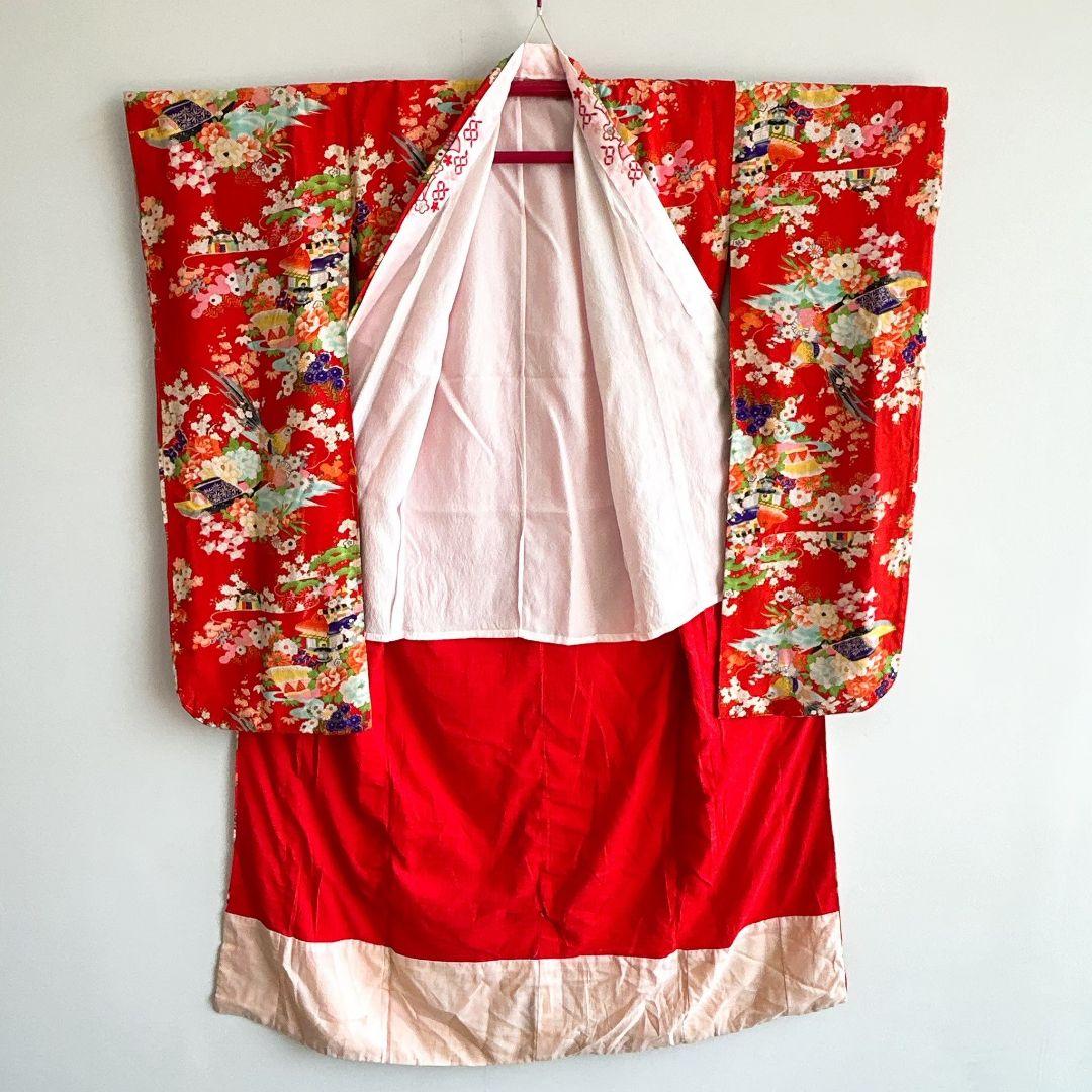 七五三　７歳フルセット　アンティーク　長着＆帯＆長襦袢＆草履＆小物セット　赤地