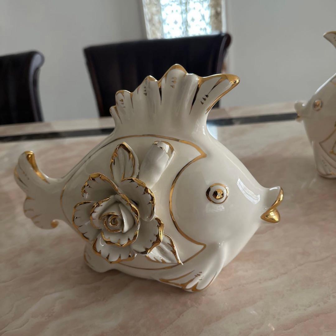 ＆ 【A0104】大型 陶磁器 金魚 縁起物 ペアセット 2体 ヨーロッパ豪華