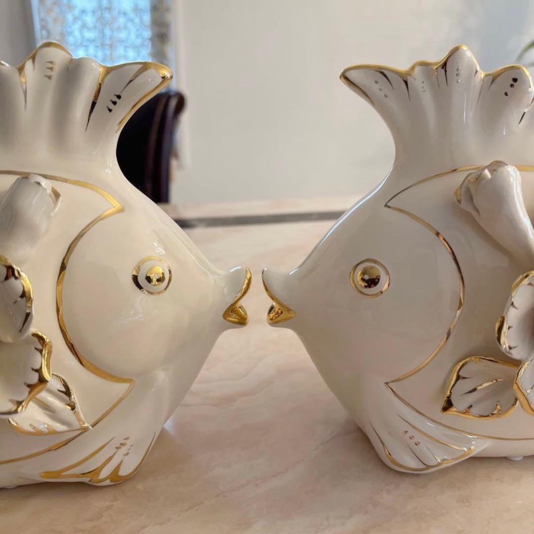 ＆ 【A0104】大型 陶磁器 金魚 縁起物 ペアセット 2体 ヨーロッパ豪華
