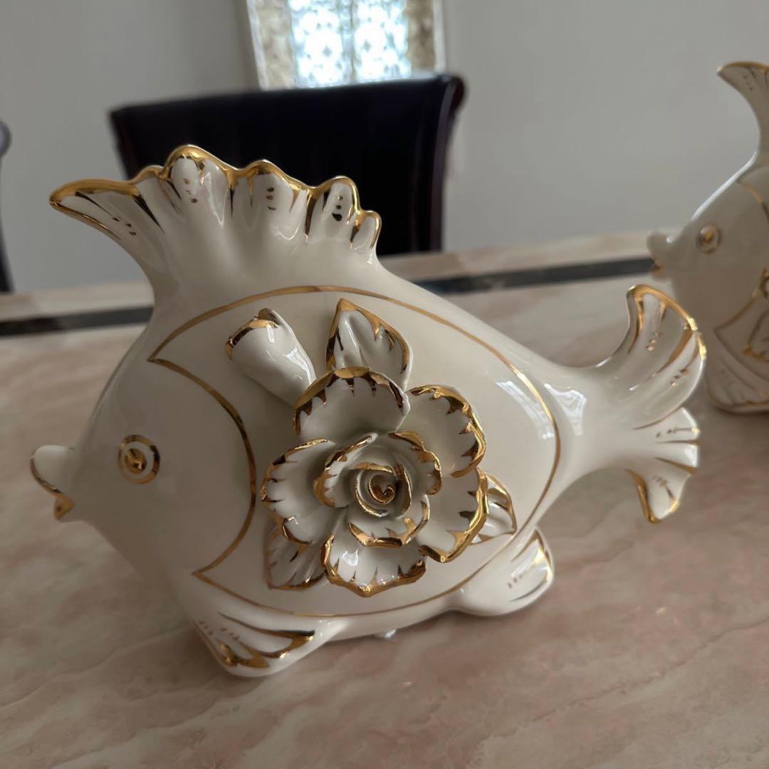 ＆ 【A0104】大型 陶磁器 金魚 縁起物 ペアセット 2体 ヨーロッパ豪華