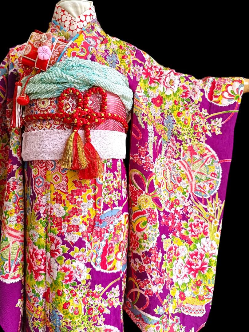 専用です☆アンティーク紫　百花繚乱着物と作り帯☆七五三