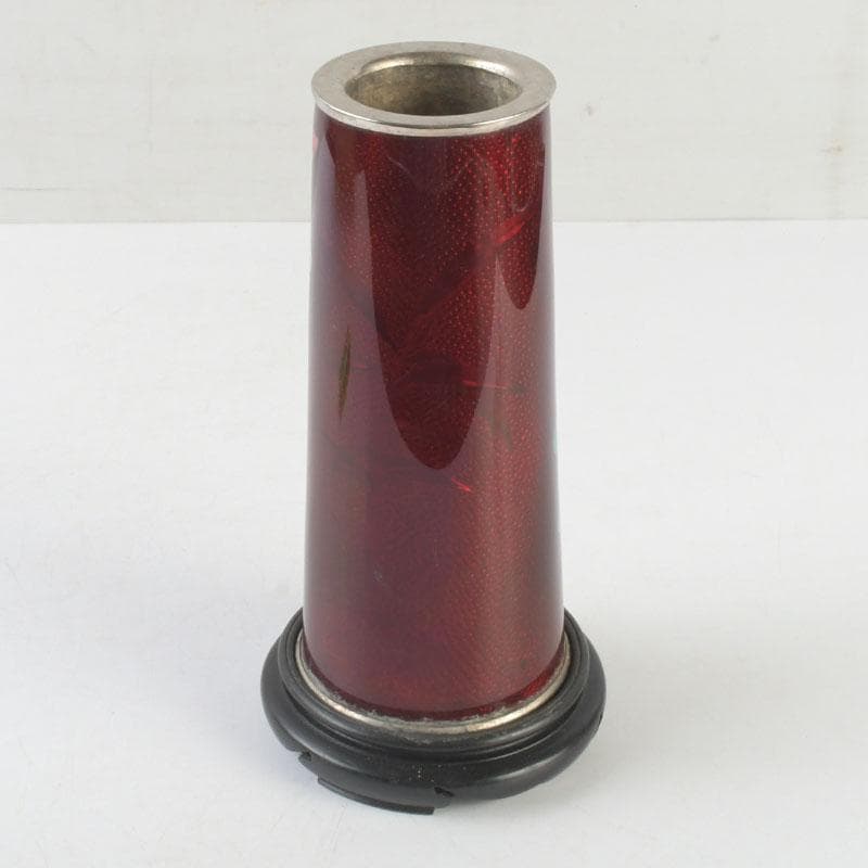 七宝焼 赤透釉 花文 花瓶 唐木台付 共箱 V 9731