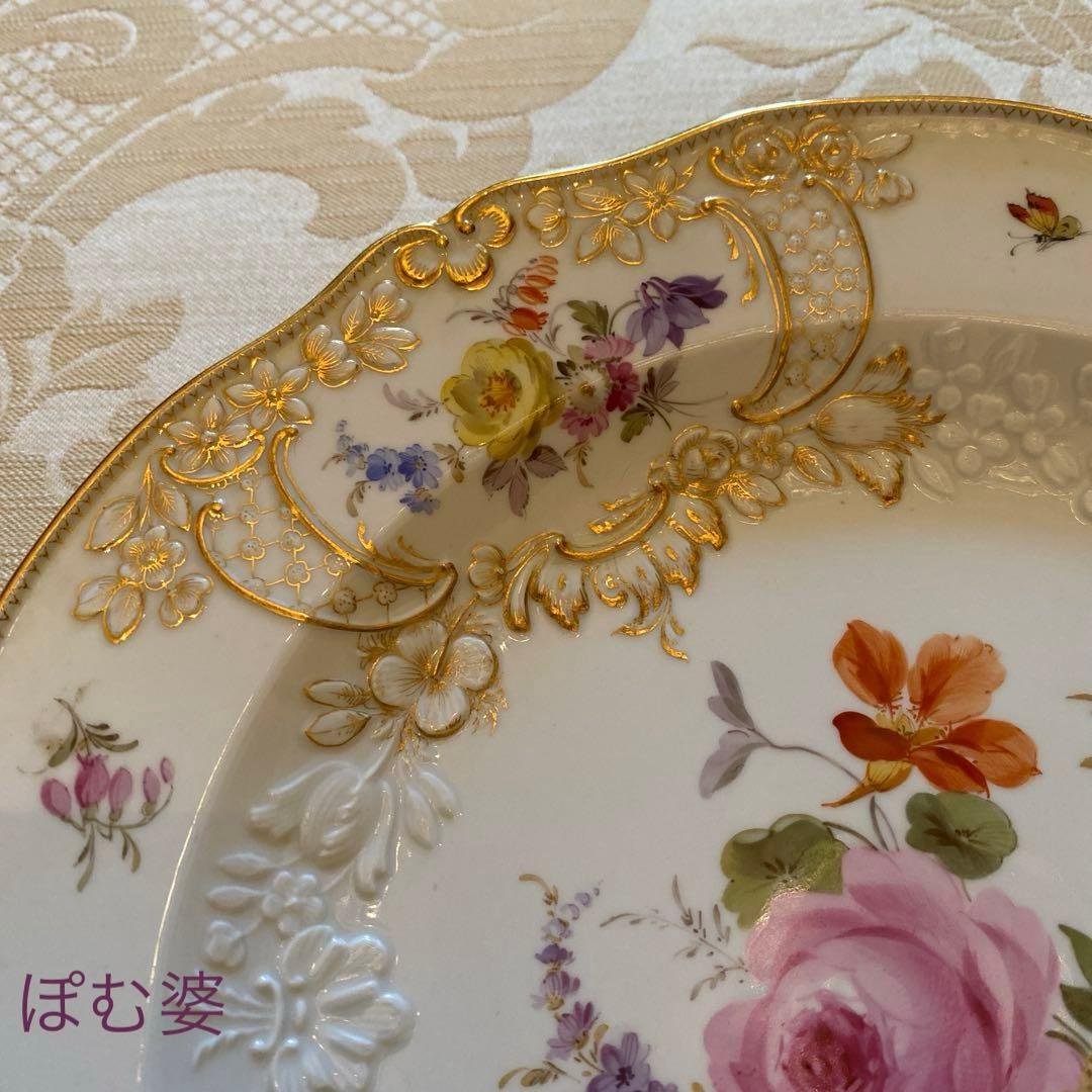 【古マイセン】金彩 花絵皿「ノイマルセイユ／フラワーブーケと昆虫」1枚