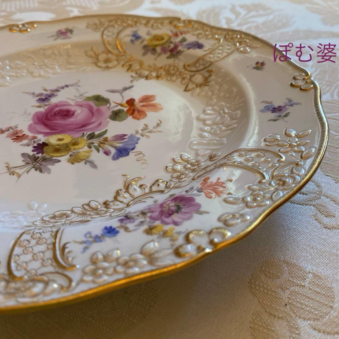 【古マイセン】金彩 花絵皿「ノイマルセイユ／フラワーブーケと昆虫」1枚