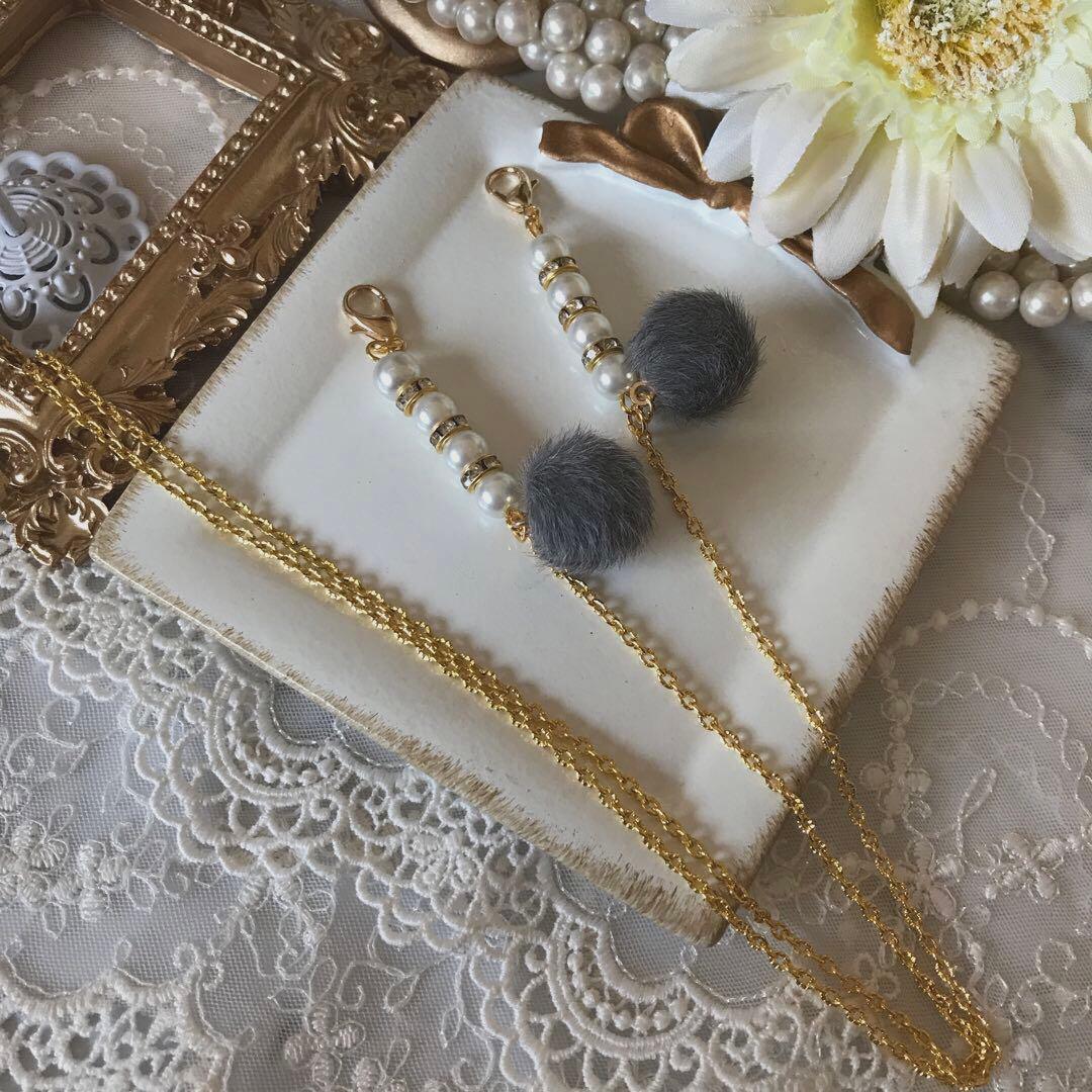 ♪587❤️ マスクチェーン　パール　ファー　ファーボール　ハンドメイド　秋冬