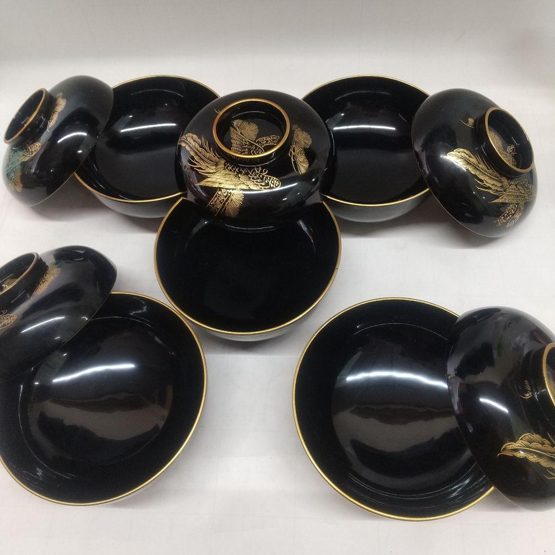 [現品限り]川連漆器 沈金蒔絵吸い物椀 黒漆 5客