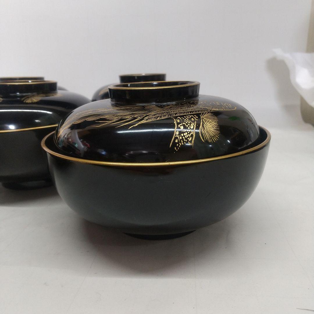 [現品限り]川連漆器 沈金蒔絵吸い物椀 黒漆 5客