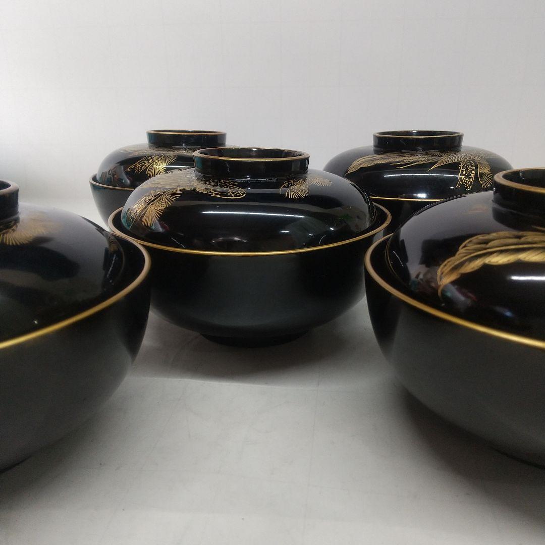 [現品限り]川連漆器 沈金蒔絵吸い物椀 黒漆 5客