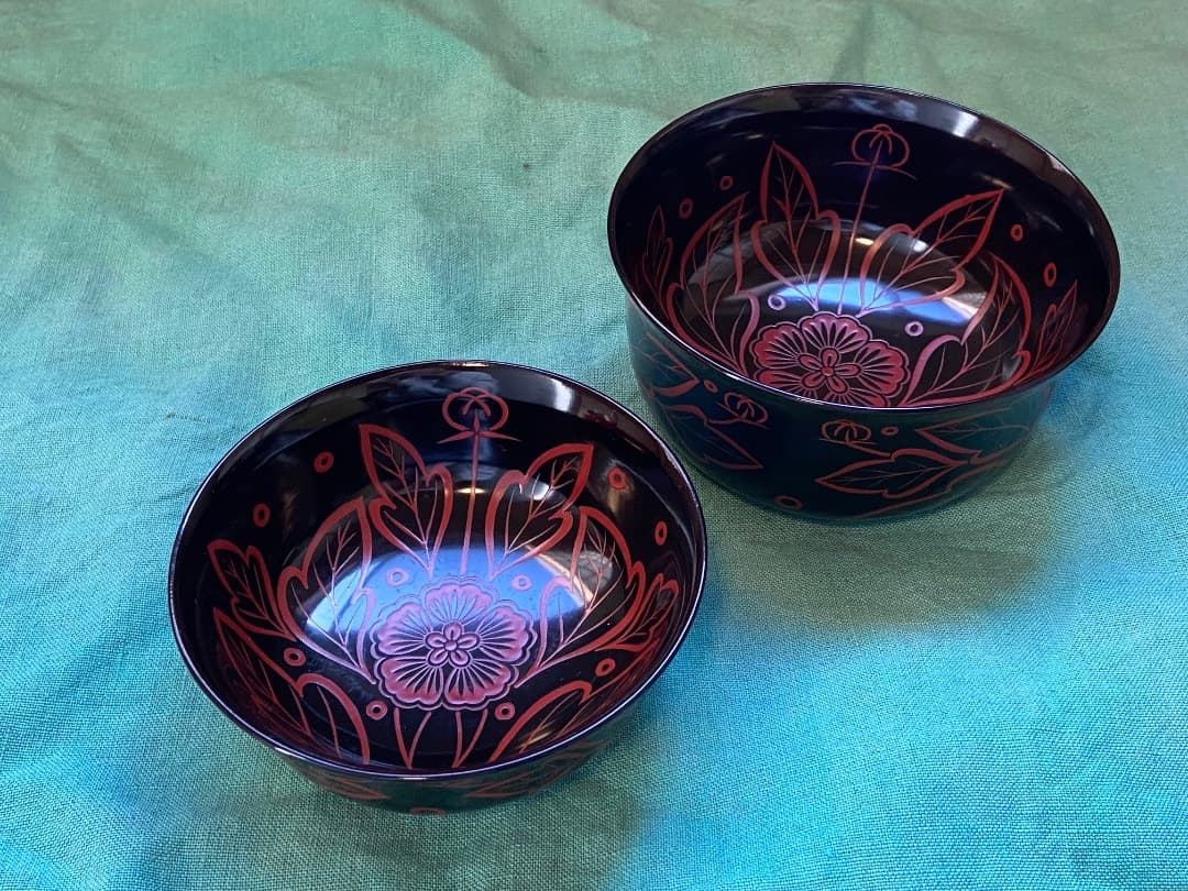 能登蔵出し 時代物 吉野塗 扶養手 蓋付 大椀 2客セット /漆器椀 懐石 正月