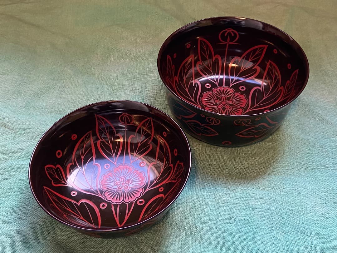 能登蔵出し 時代物 吉野塗 扶養手 蓋付 大椀 2客セット /漆器椀 懐石 正月